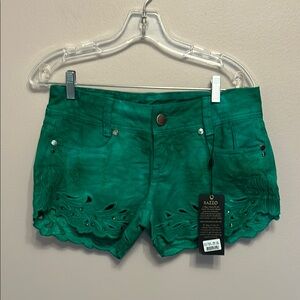 Green Jean Shorts with Scalloped Hem